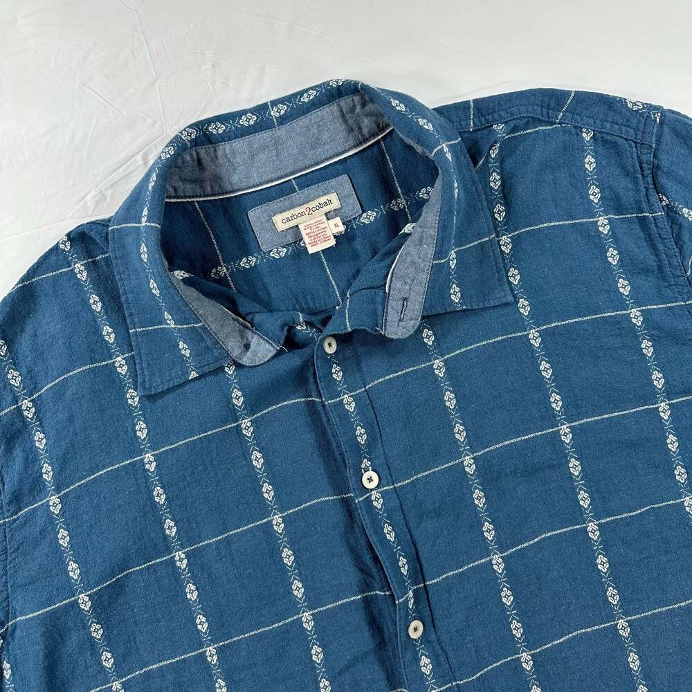 Carbon 2 Cobalt Men's Short Sleeve Button-Up Blue Geometric Linen Blend